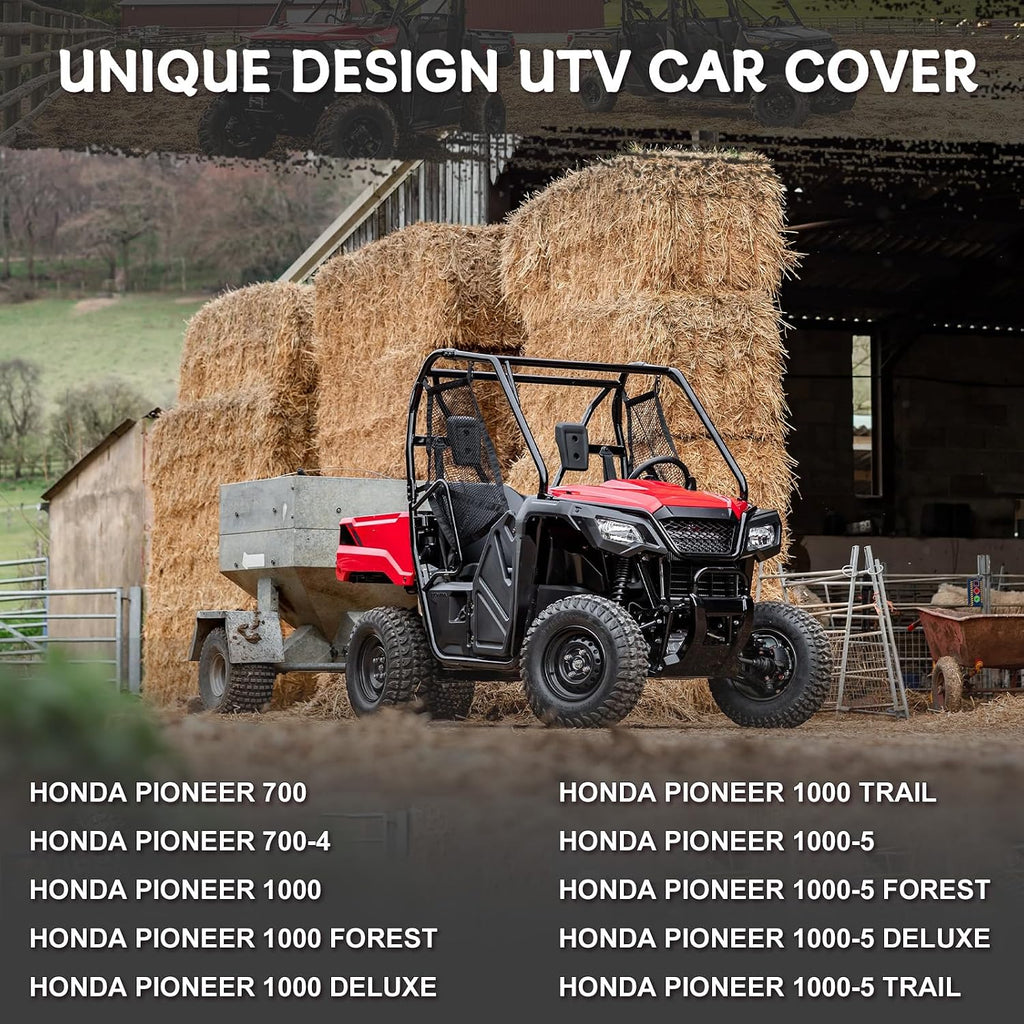 Waterproof UTV Cover Compatible with Honda Pioneer 2 Seaters, 6 Layers All Weather Cover with Air Vents, Door Zipper and Windproof Buckles and Bands for Rain Snow Dust Protection