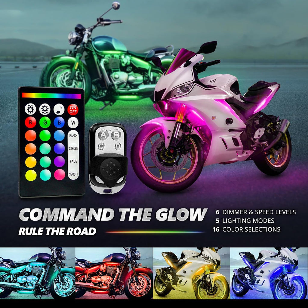 OPT7 12pcs Motorcycle LED Strip Lights for Harley Honda Yamaha Kawasaki | App & Keychain Remote Control, Neon Accent Cruiser Underglow, Sound Sync, Turn Signal & Brake Light, 12V Multicolor Decor