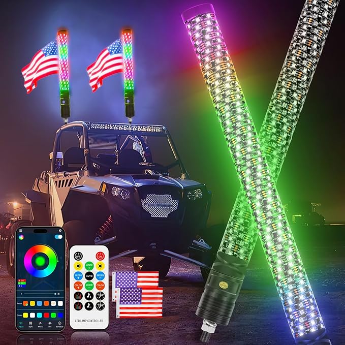 DREAMIZER 2PCS 2FT Fat Whip Lights 360°Spiral Chase Offroad Warning Lighted - Image 9
