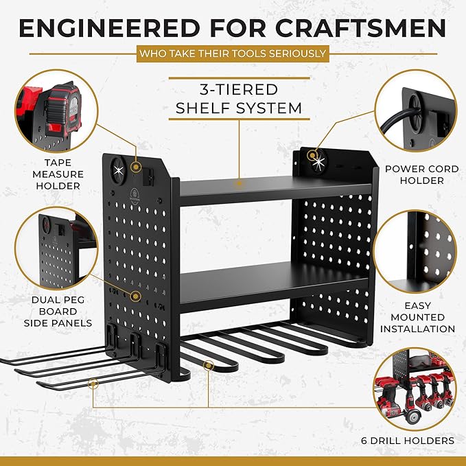 Power Tool Organizer-6 Drill Holder Wall Mount, 3 Tier Heavy-Duty Hand Tool - Image 2