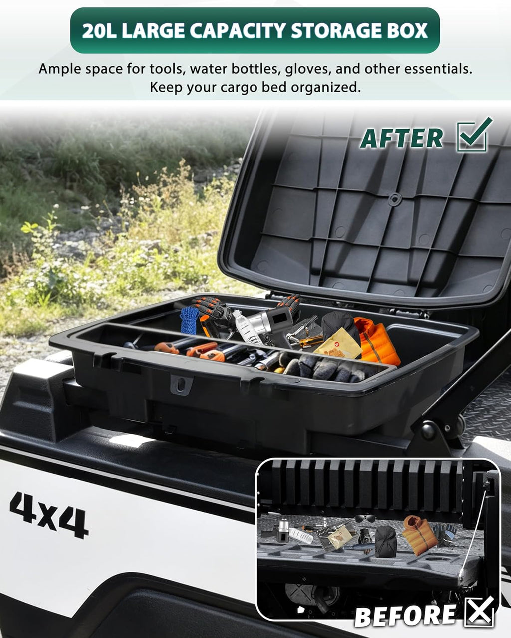 Rear Cargo Box for Kawasaki Mule Pro FXT DXT DX FX 2015-2026, 20L Waterproof Storage Bin with Latches, Heavy Duty PP Tool Organizer Rear Bed Tool Box for Kawasaki Mule PRO FX Accessories