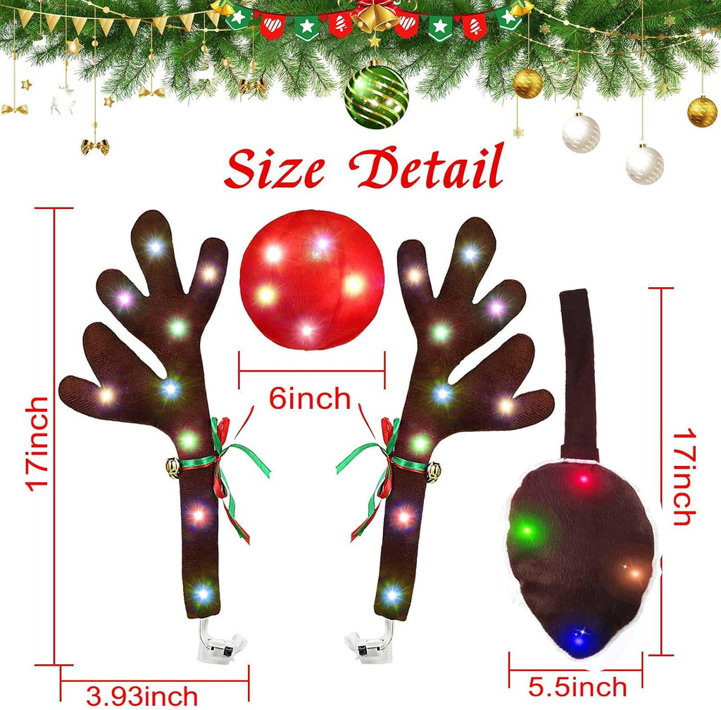 Reindeer Antlers for Cars, LED 2025 Christmas Car Decorations Kit with Jingle Bells, Nose, Tail, Multicolor Light-Up Rudolph Xmas Decor for SUV, Van, Truck