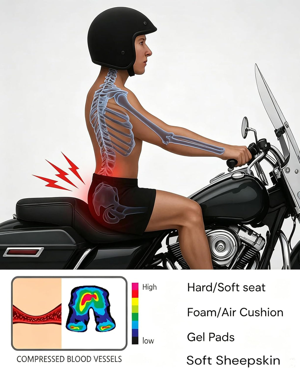 Motorcycle Seat Cushion, Hex Rider 3D Honeycomb Cushion | Tailbone Cutout Pressure Relief Cooling Seat Pad Protect Sensitive Areas Universal Shock Absorbing Non‑Slip for Long Distance