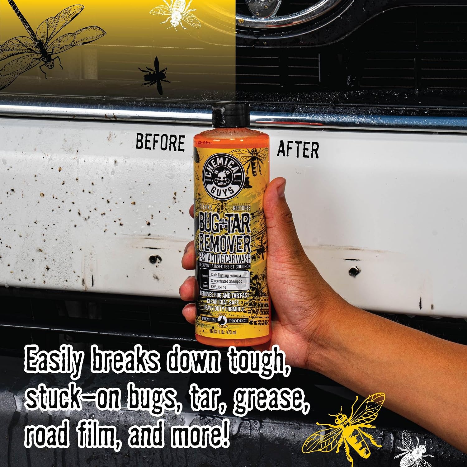 Chemical Guys Bug and Tar Remover Fast Acting Car Wash - Heavy Duty Cleaner for Bugs, Tar, Grime, Tree Sap & Bird Droppings - Safe for Car Paint, Glass, Chrome, Plastic, All Exterior Surfaces - 16 oz