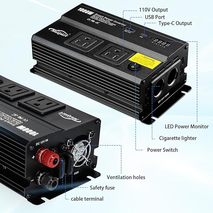 1000W Inverter for Car Power Inverters, 12v DC to 110v AC Converter - Image 2