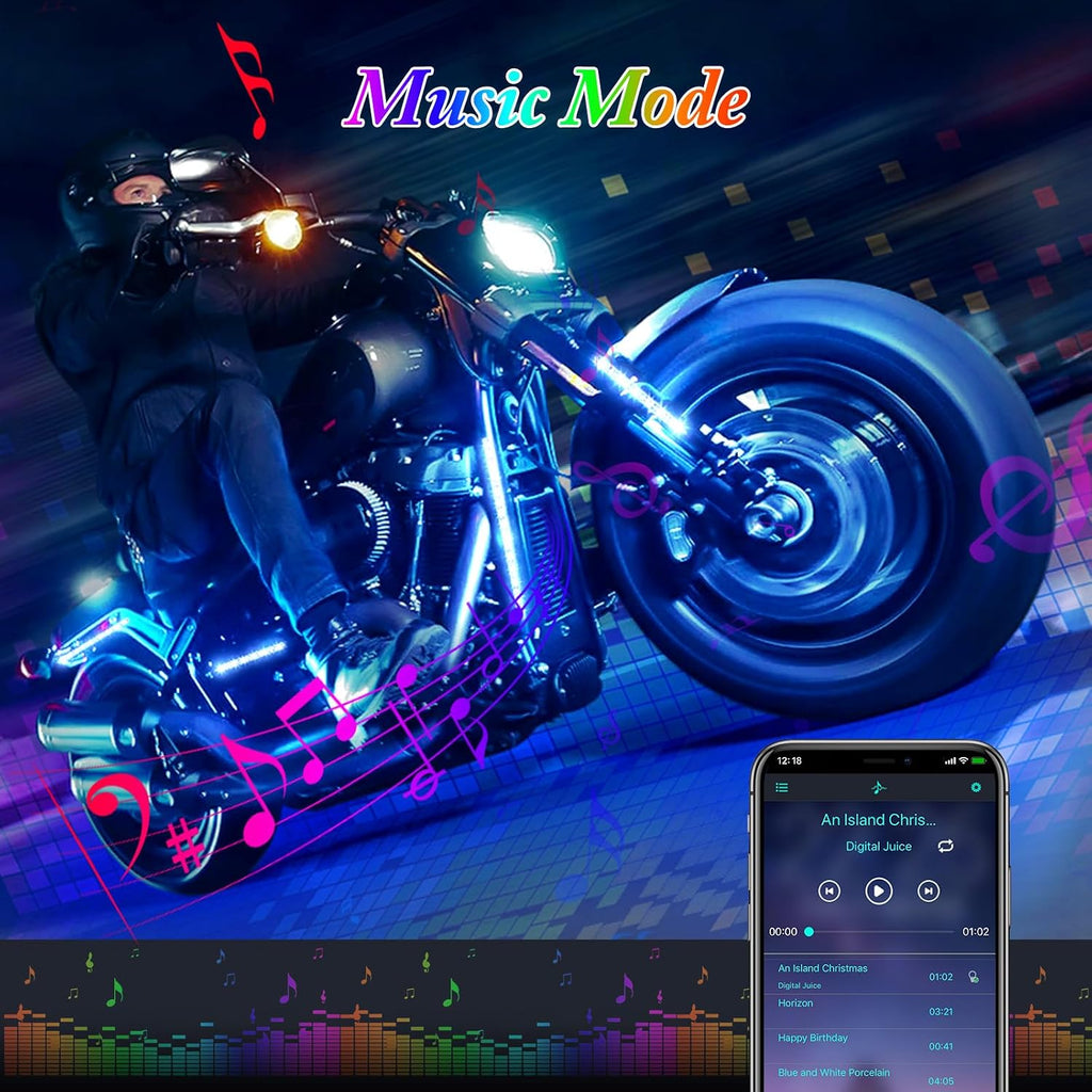 8PCS Motorcycle LED Underglow Kit, 4 Key Remote Control App Control with Two Extension Cords, Music Sync Waterproof RGB LED Motorcycle Light Kit for UTV ATV Golf Cart