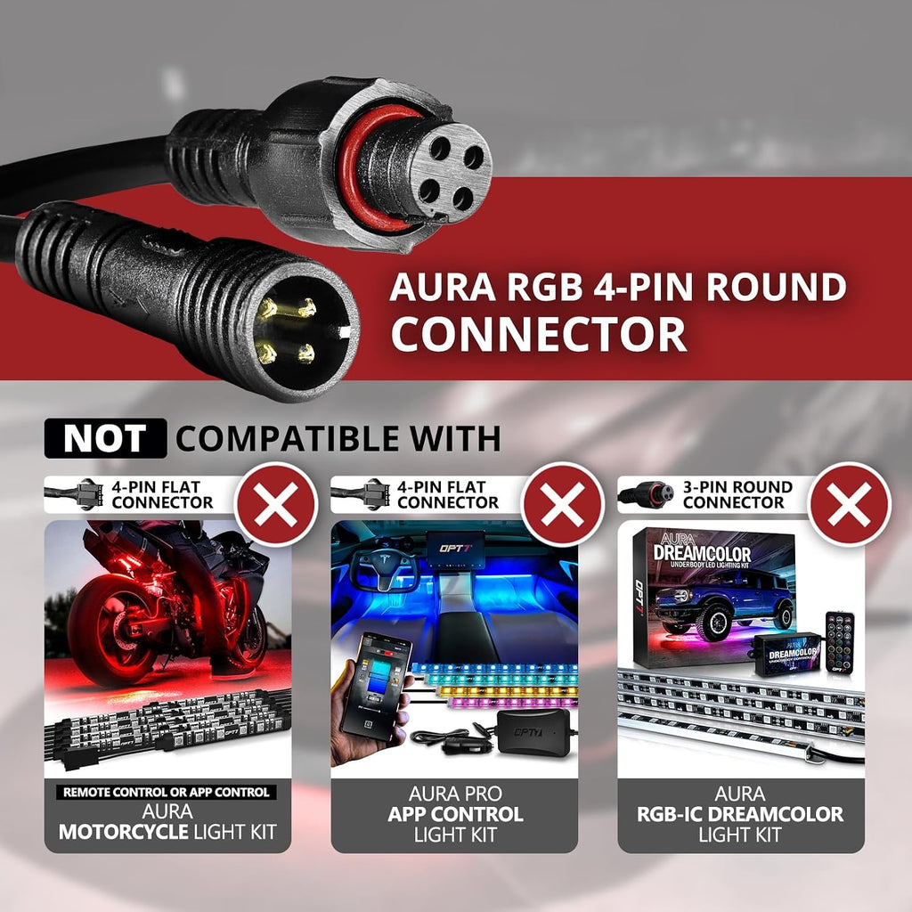 OPT7 Aura 2pc 4-Pin RGB 5ft Extension Wires, Compatible ONLY with Aura LED Light Kits, Waterproof Round Connector, for Car Interior, Underglow, Grille, Wheel Well, Engine Bay, Boat Lighting