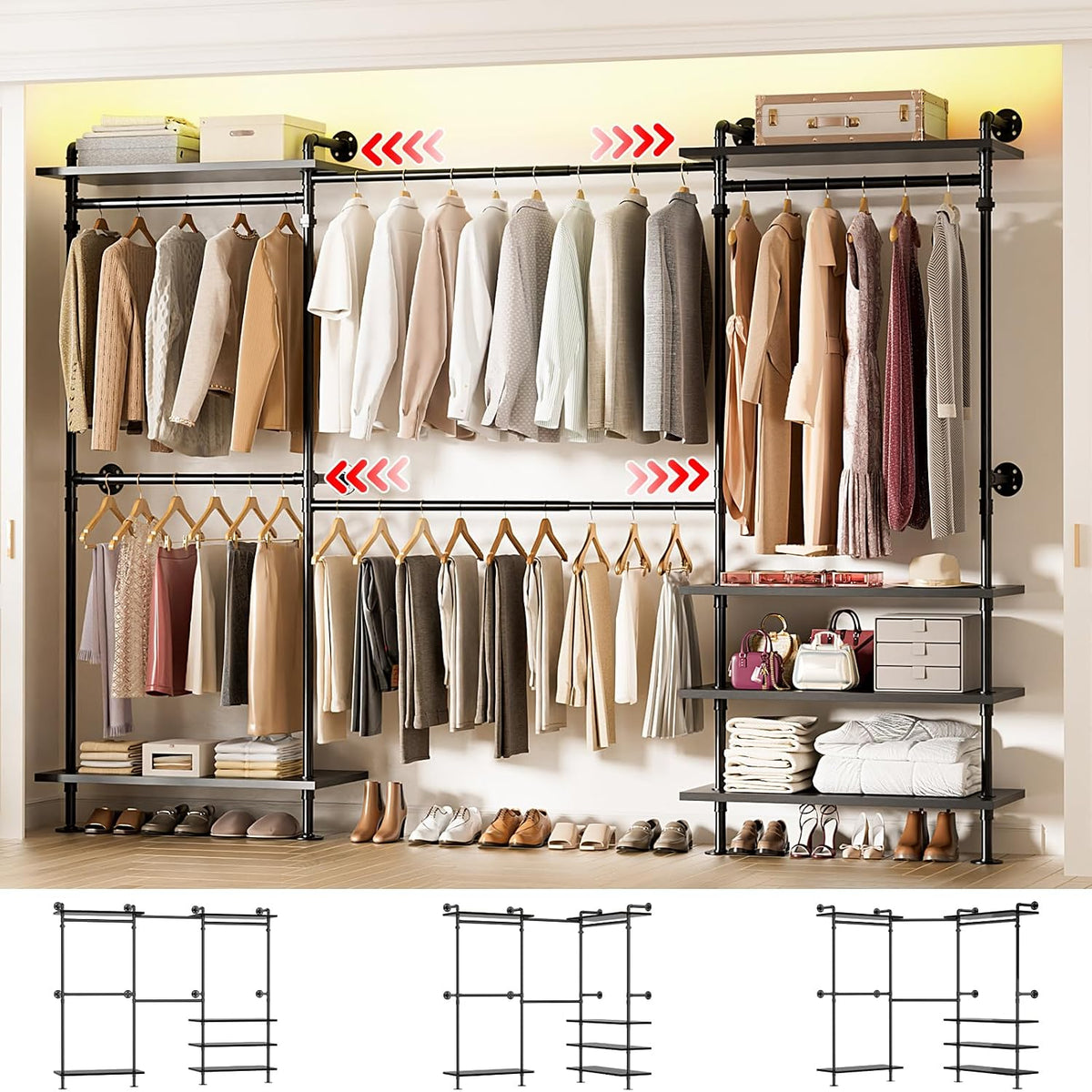 aheaplus industrial pipe clothing rack, expandable garment rack, main product view