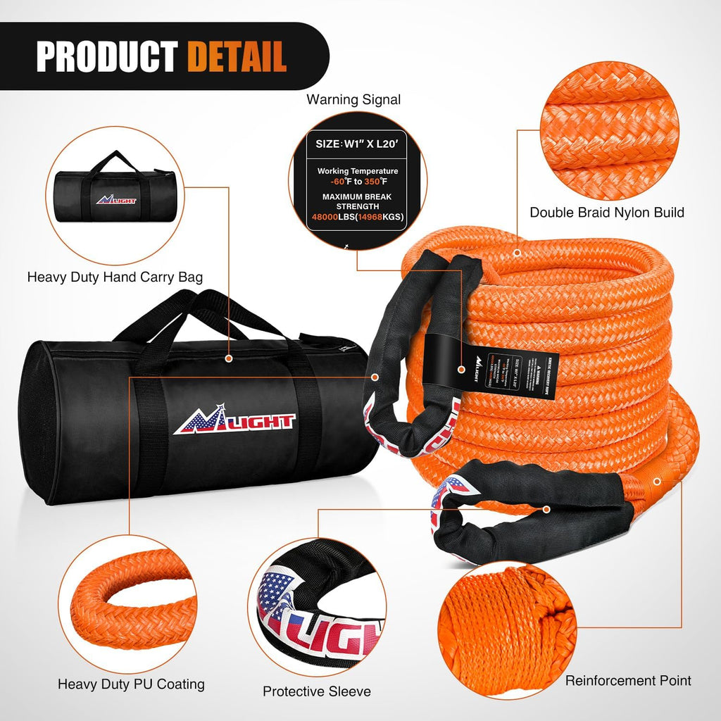 Nilight Kinetic Recovery Rope 48000 LBS 1in x 20ft Snatch Strap Heavy Duty Offroad Towing Starp Kit Vehicle Recovery kit for UTV ATV SUV Truck Car Jeep Tractor