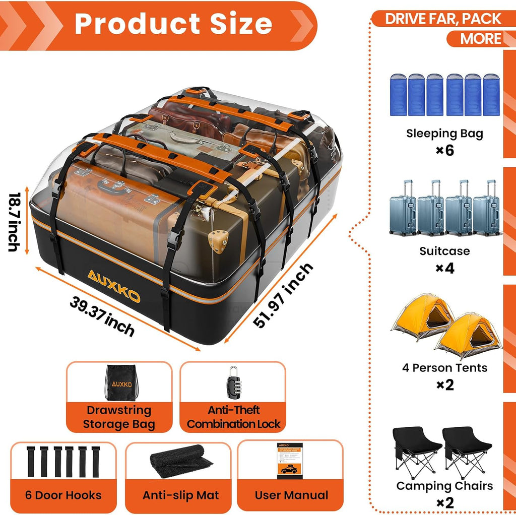 AUXKO 22 Cubic Ft Waterproof Rooftop Cargo Carrier Bag for All Vehicles with/Without Roof Rack, Soft Shell Car Roof Bag with Reflective Strip Includes Anti-Slip Mat, 6 Door Hooks & Combination Lock