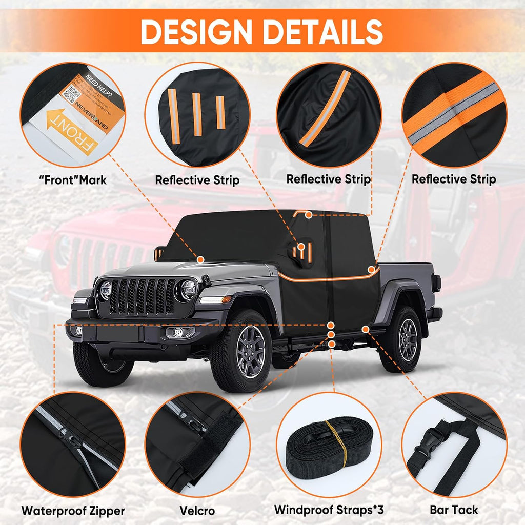 Cab Cover for Jeep Gladiator JT 2019-2026 - All Weather Waterproof Gladiator Half Car Cover, Outdoor Jeep Cab Cover Rain Covers with Door Zipper Windproof Straps for Sun Snow UV Protection