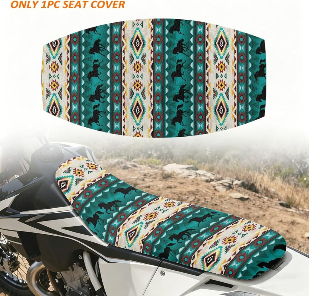 Pensura Aztec Horse Western Seat Cover for Dirt Bike Non-Slip Gripper Seat Protection PU Leather Weather Resistant Motocross Enduro Cushion Covers for Off-Road Trail Riding