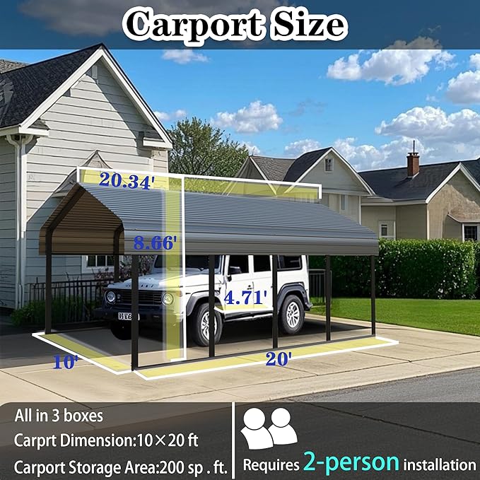 Heavy Duty Metal Carport 10x20 ft Galvanized Steel Frame RV Carport Storage All - Image 2