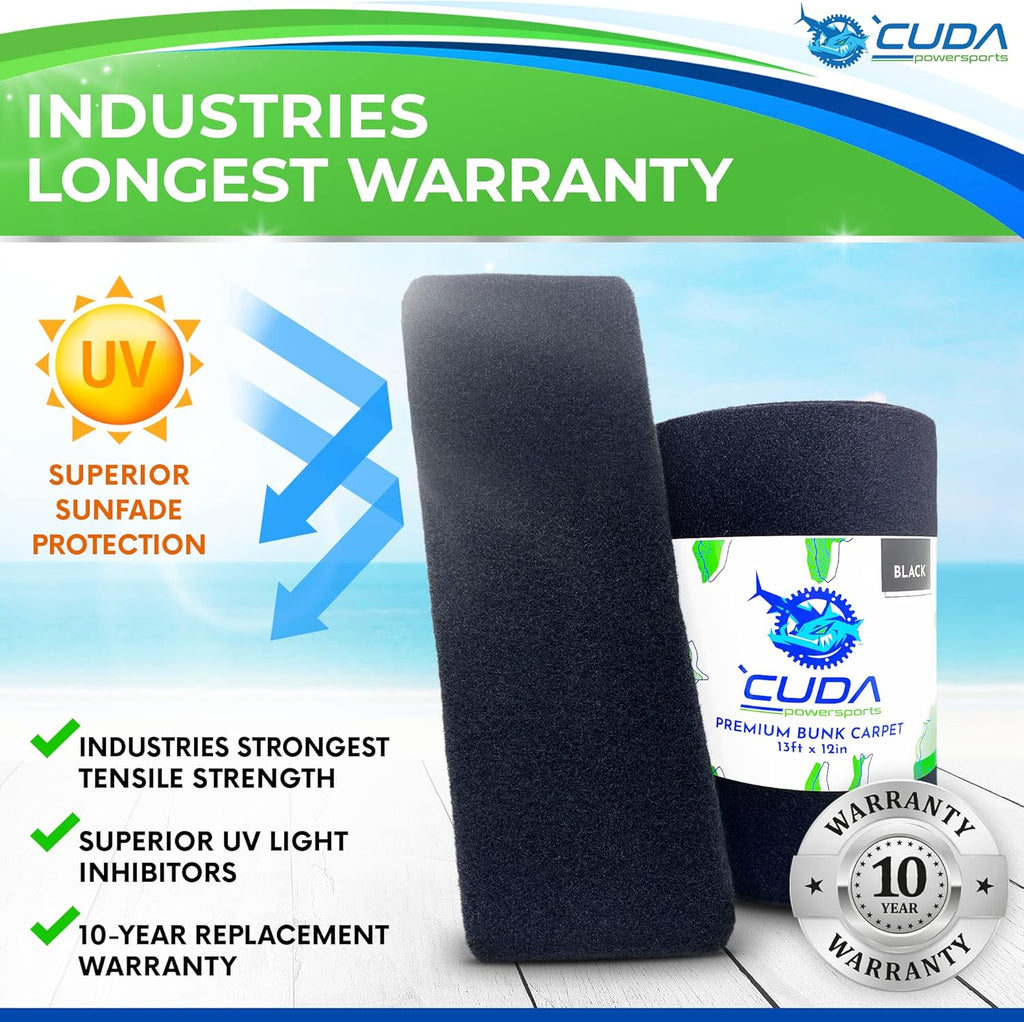 Cuda Boat Trailer Bunk Carpet 12 Inch Wide x 50ft-Premium - 30oz-Boat Trailer Carpet for Runners Marine Grade Parts Accessories Black Lift Runners Covers Waterproof