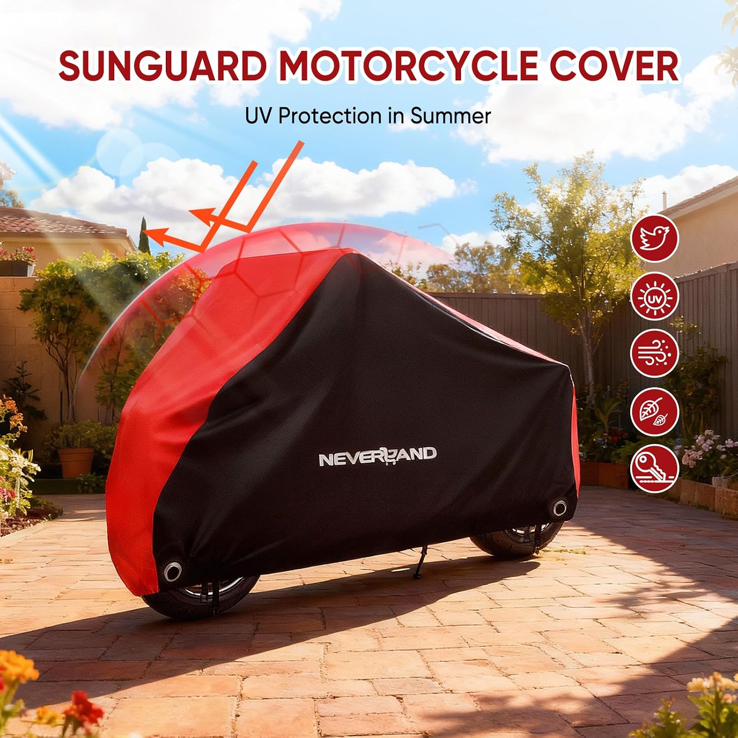 NEVERLAND Motorcycle Cover Waterproof Outdoor - All Season Scooter Covers Heavy Duty with 2 Lock-Holes, Bandage & Storage Bag Fits Most Motorcycles, Scooters, Dirt Bikes, Sportbikes (Up to 104”)