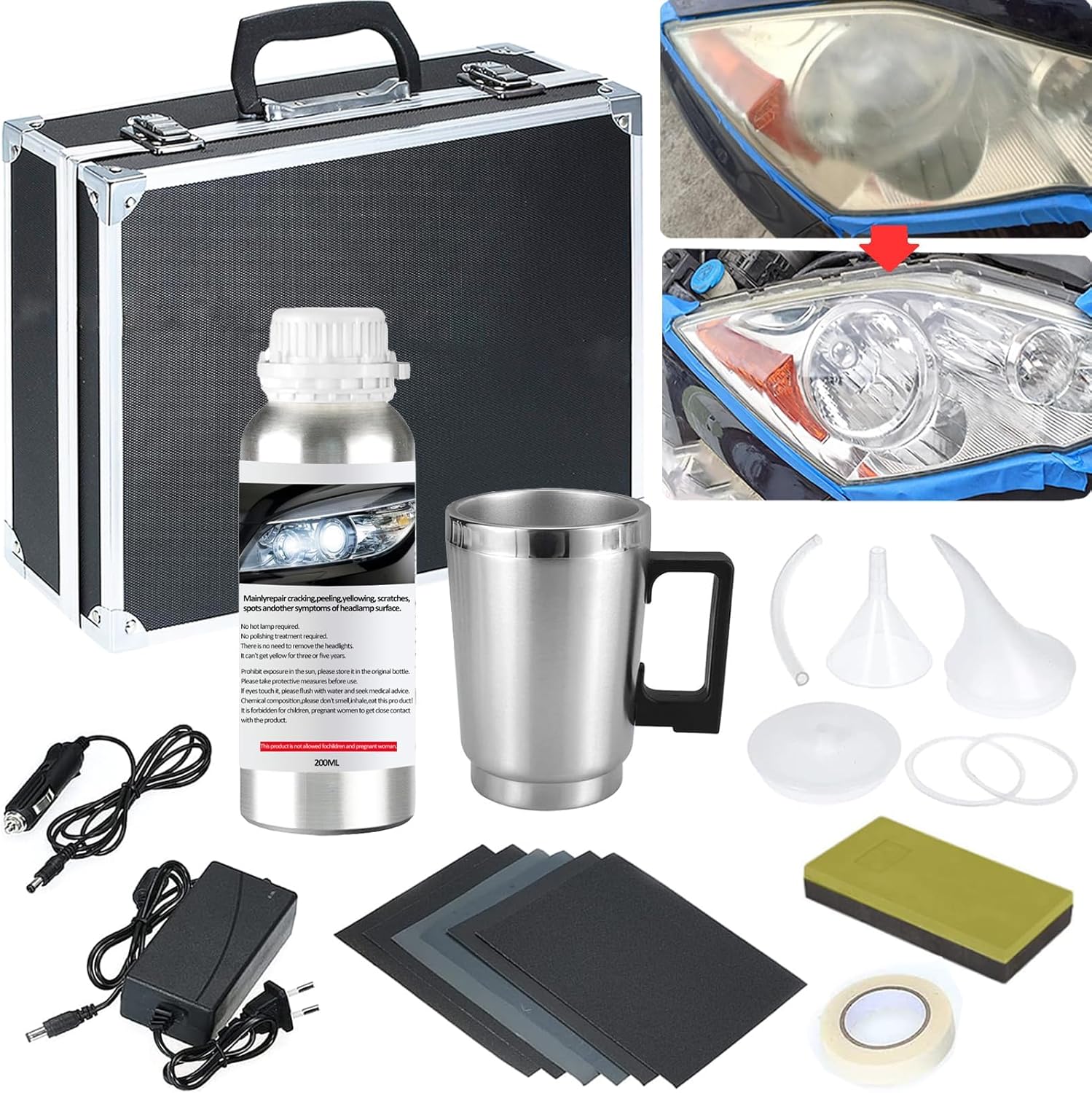 Pmbqifay Headlight Restoration Kit, Car Headlight Polish Repair Renovation Kit with 200ML Repair Liquid for Repair Headlight Yellowing, Haze, Oxidation, Scrashes