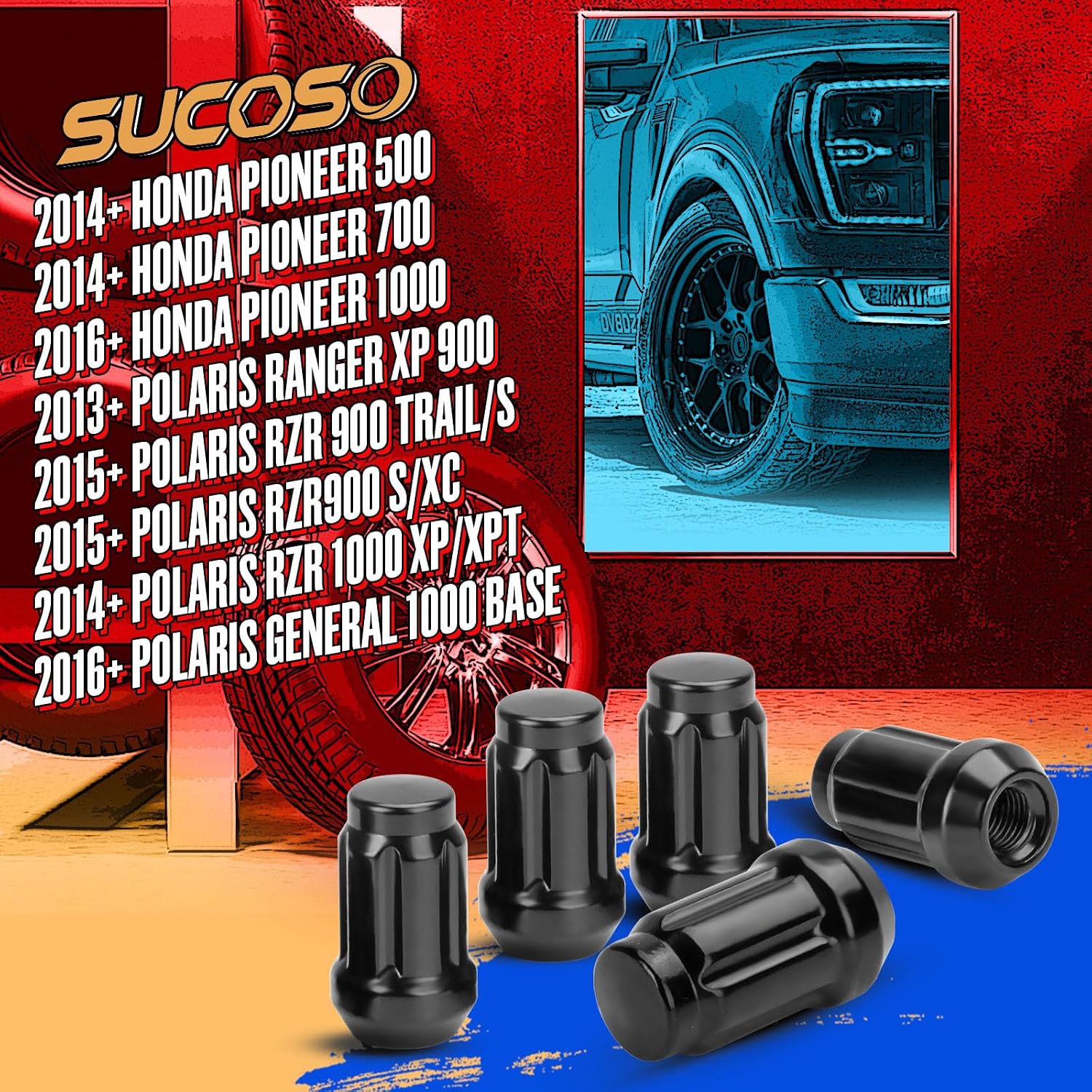 M12x1.5 Lug Nuts, 16pcs 6 Spline LugNut with Socket for Polaris RZR, ATV 12x1.5 Black Wheel LugNuts for Ranger XP 900/1000 Can Am X3 Honda Pioneer 1000 General RZR Turbo/Turbo S on UTV's Wheels