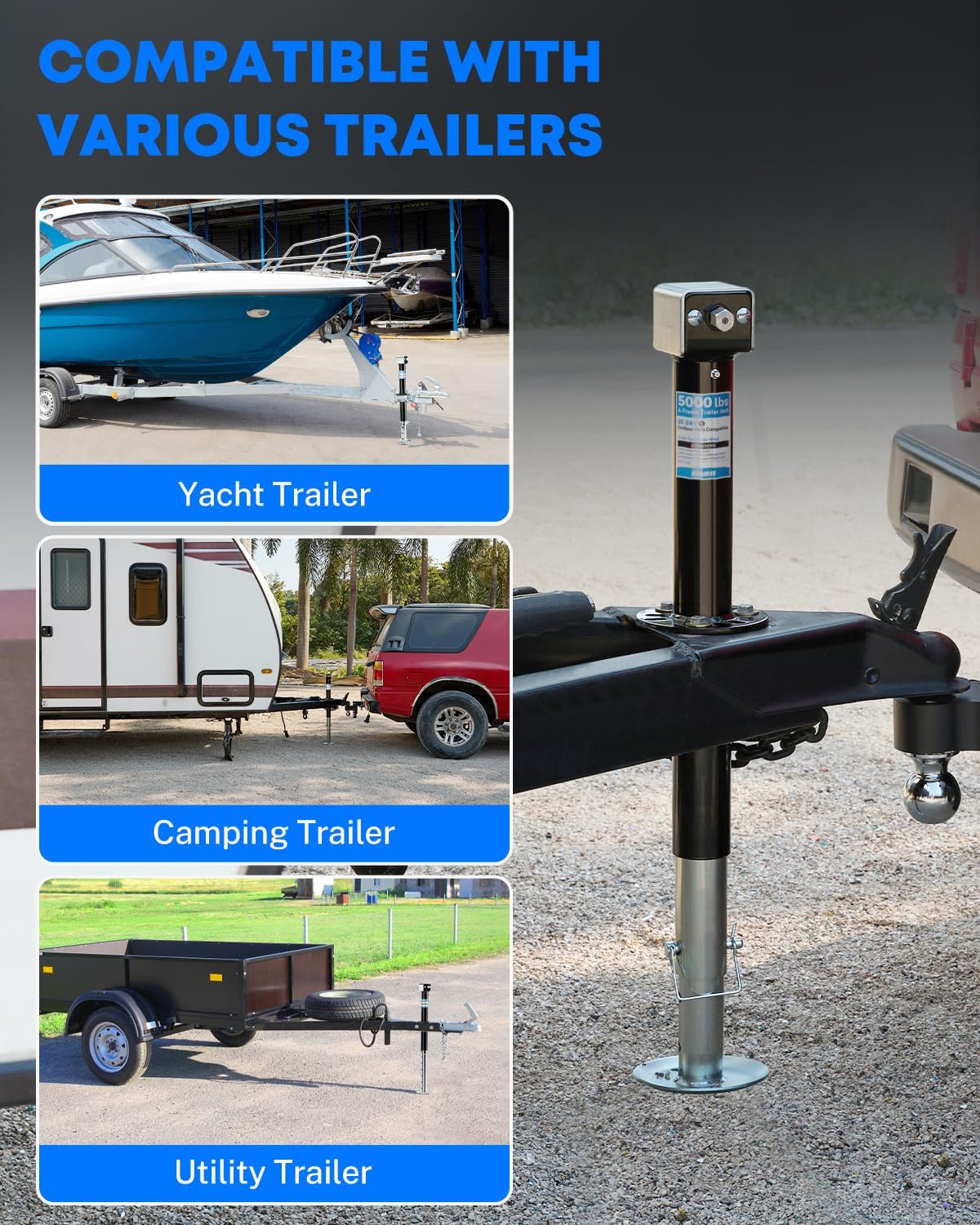 Kohree Upgraded 5000 lbs A-Frame Trailer Jack, 20-24V Cordless Drill Compatible, Adjustable RV Tongue Jack with Drop Leg & Drill Socket for Utility Yacht Boat Camping Trailer, 25" Vertical Travel