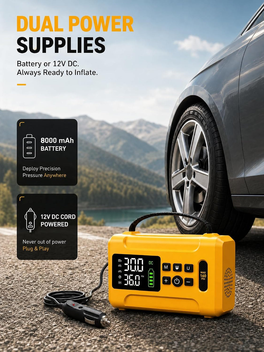 Tire Inflator Portable Air Compressor 160 PSI Air Pump for Cars 8000 mAh &amp...