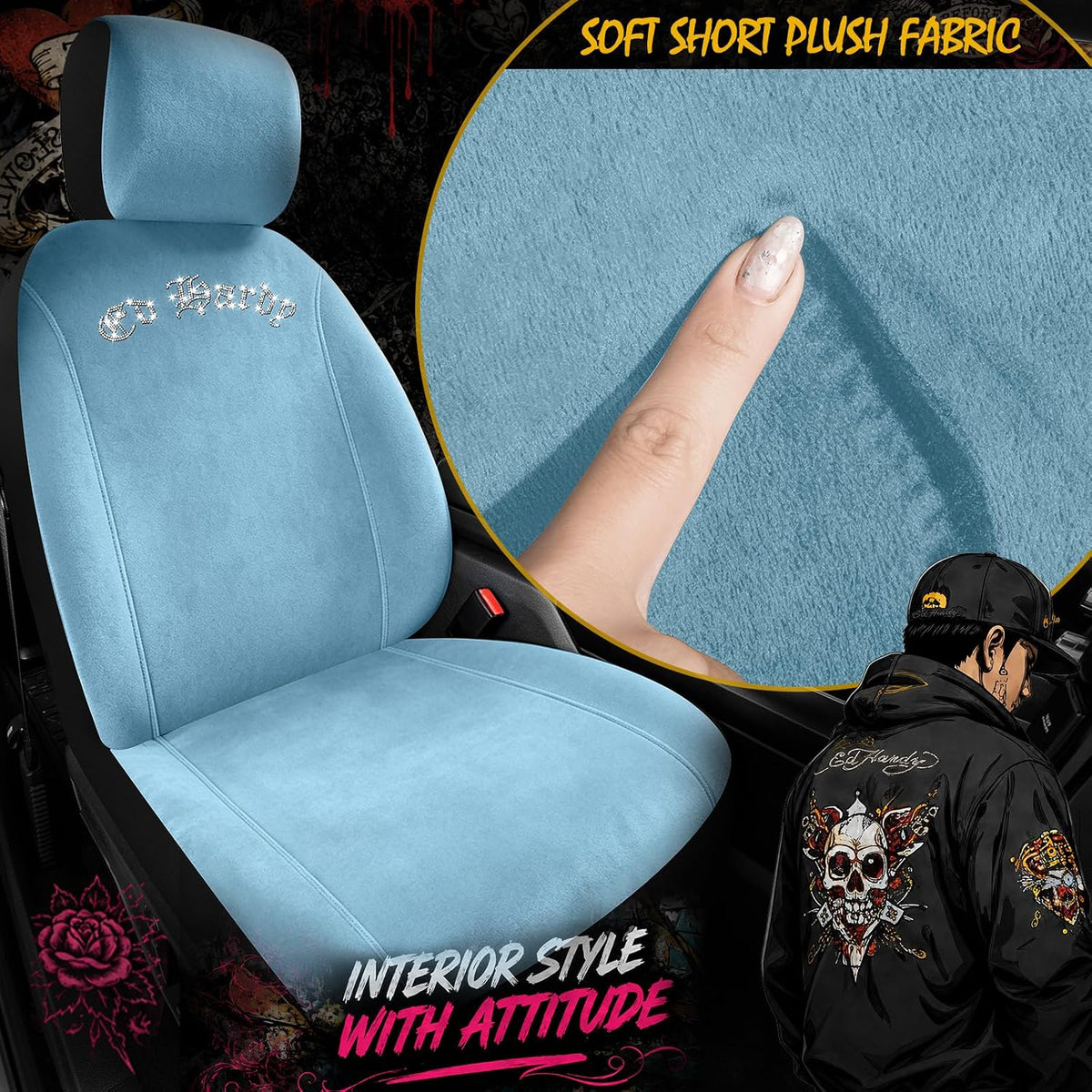 ed hardy car seat covers, light blue short showing dimensions