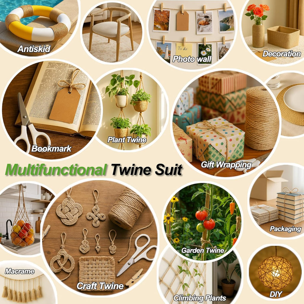 5 Pack Natural Twine String Suit: Jute Twine for Crafts Gardening Gift Wrapping Home Decor Knitting - 2mm 1200 Feet Jute Rope Twisted from 3 Ply - Suitable for Handicraft and Gardening Enthusiasts