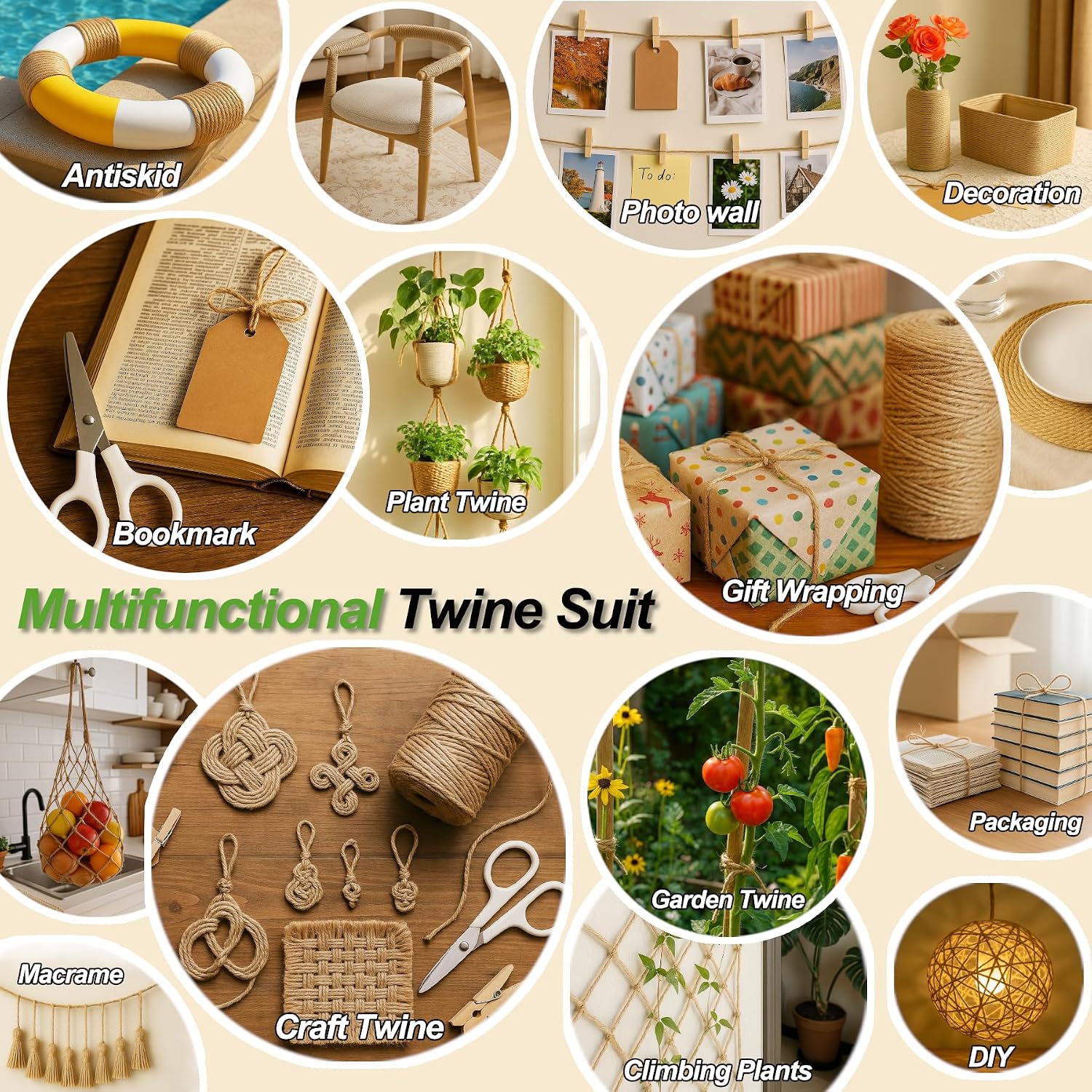 5 Pack Natural Twine String Suit: Jute Twine for Crafts Gardening Gift Wrapping Home Decor Knitting - 2mm 1200 Feet Jute Rope Twisted from 3 Ply - Suitable for Handicraft and Gardening Enthusiasts
