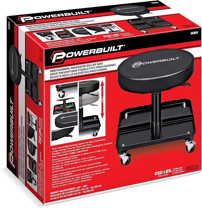 Powerbuilt Rolling Seat, Height-Adjustable Garage Stool - Image 7