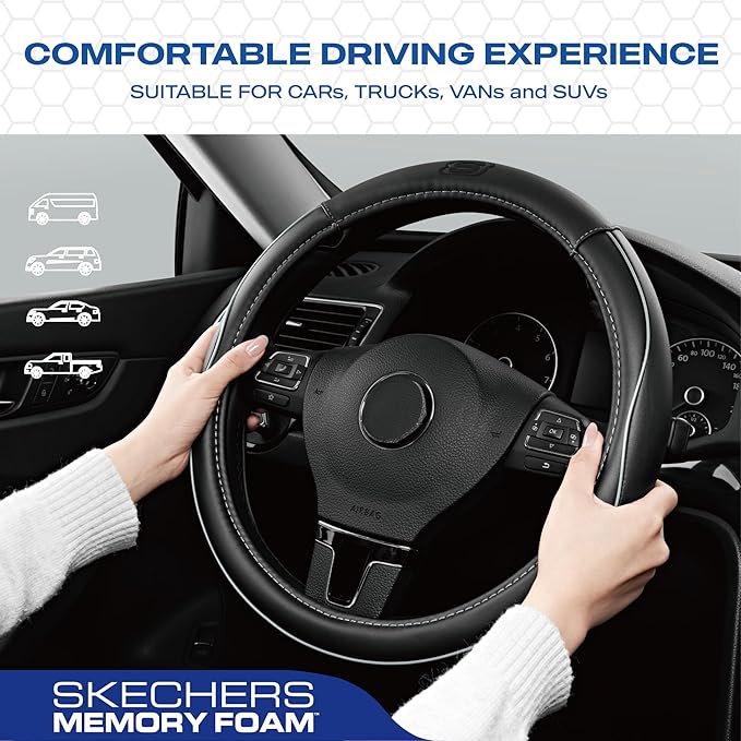 Skechers Memory Foam Steering Wheel Cover, Piping Microfiber Leather Steering - Image 4
