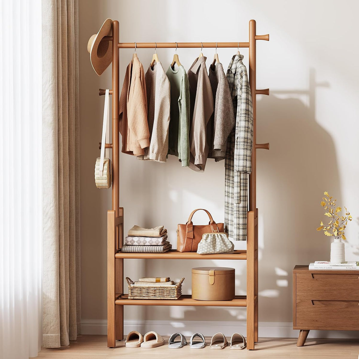 yoobure solid wood clothing rack with shelves, main product view