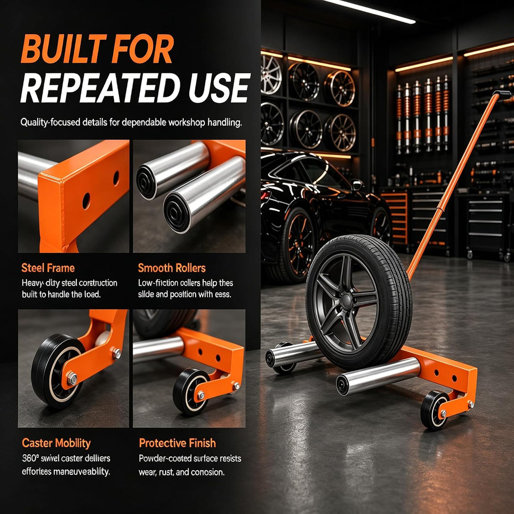 Tire Wheel Dolly, 330LBS Heavy Duty Adjustable Tire Lifter Dolly for Changing and Moving Tires, 12"-24" Width, 360° Rotatable Rollers, Ergonomic Handle, for Semi Truck SUV ATV RV Trailer Garage