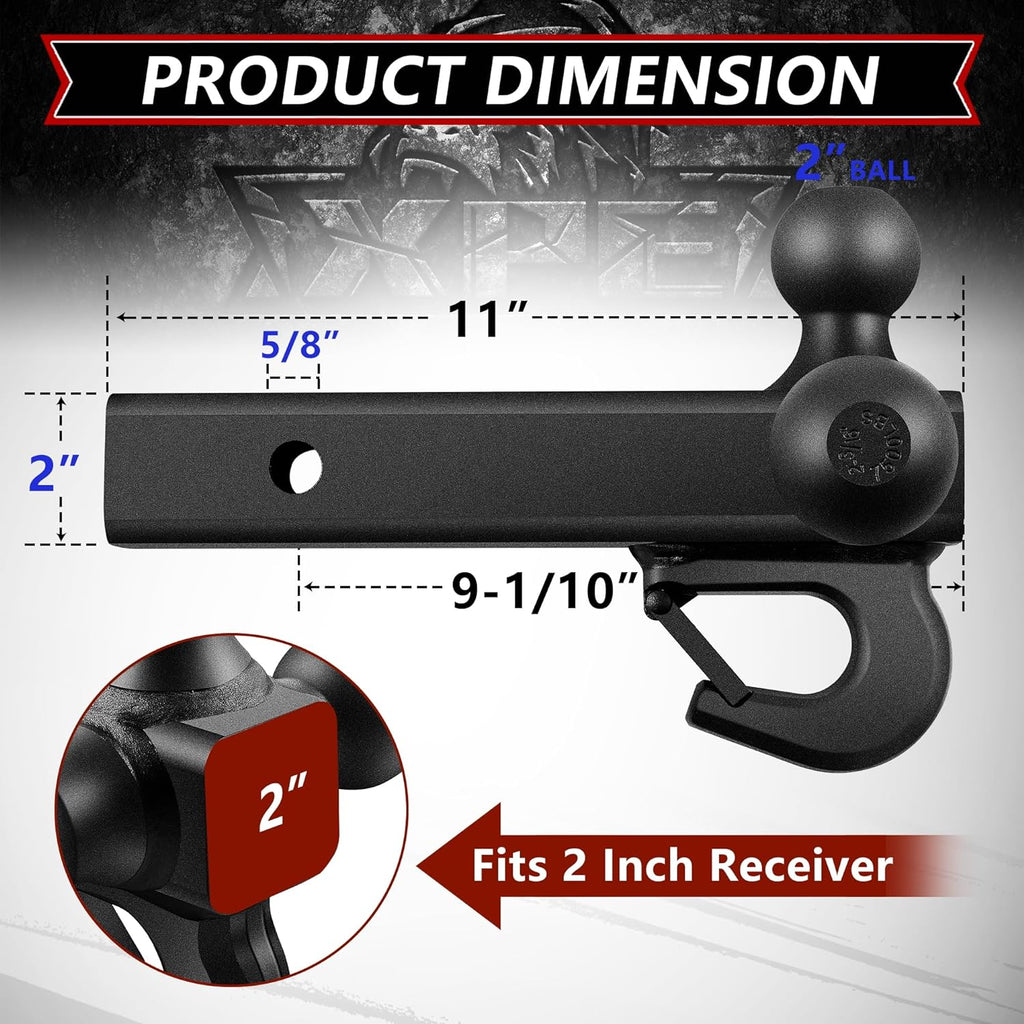 xpe tri ball trailer hitch mount with hook showing dimensions