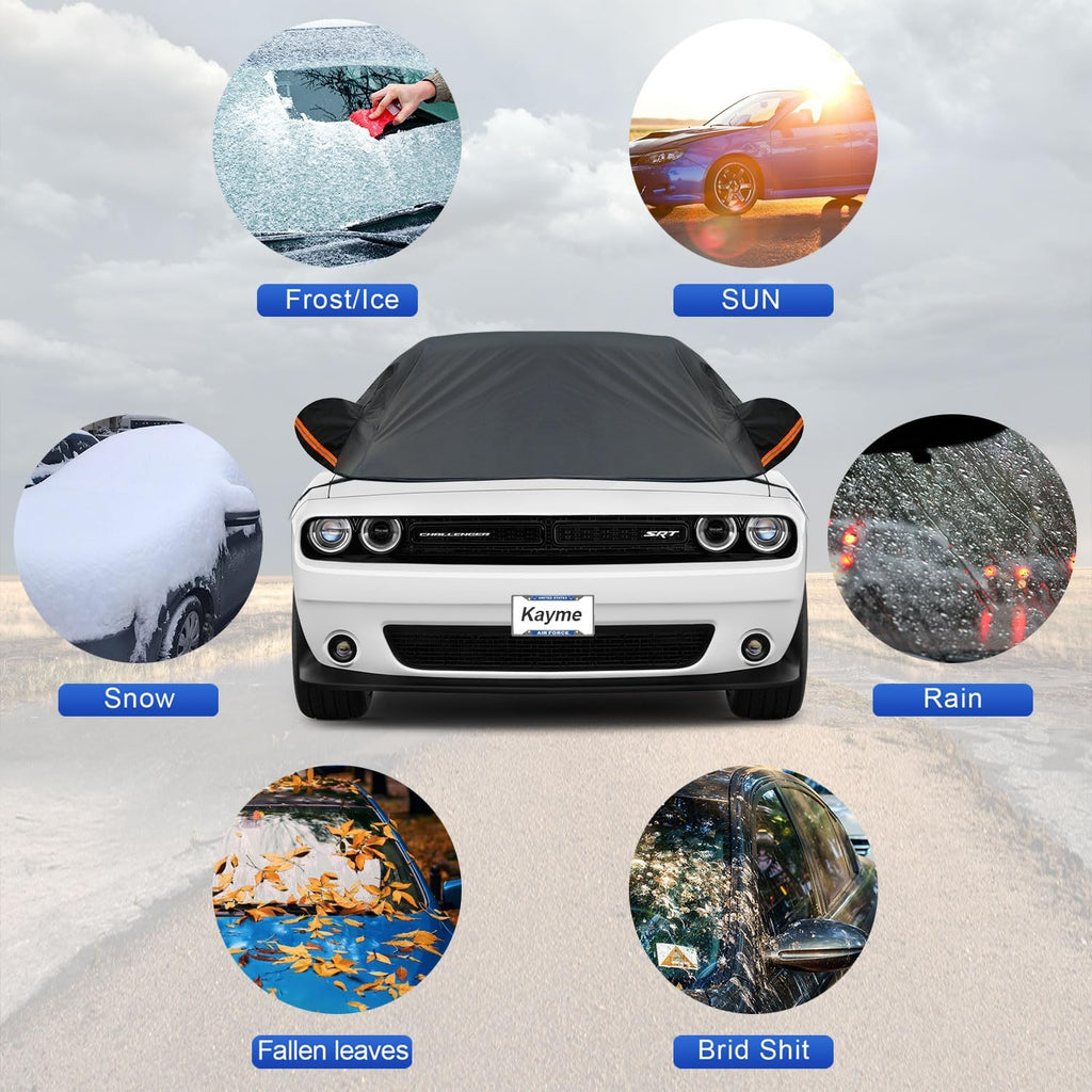 Kayme Half Car Cover, Windshield Cover for Ice and Snow Top with Reflective Straps, Roof Cover Waterproof All Weather Dust, Sun Protection. Front Rear Window Cover Fit SUV. YL (143''-157'')