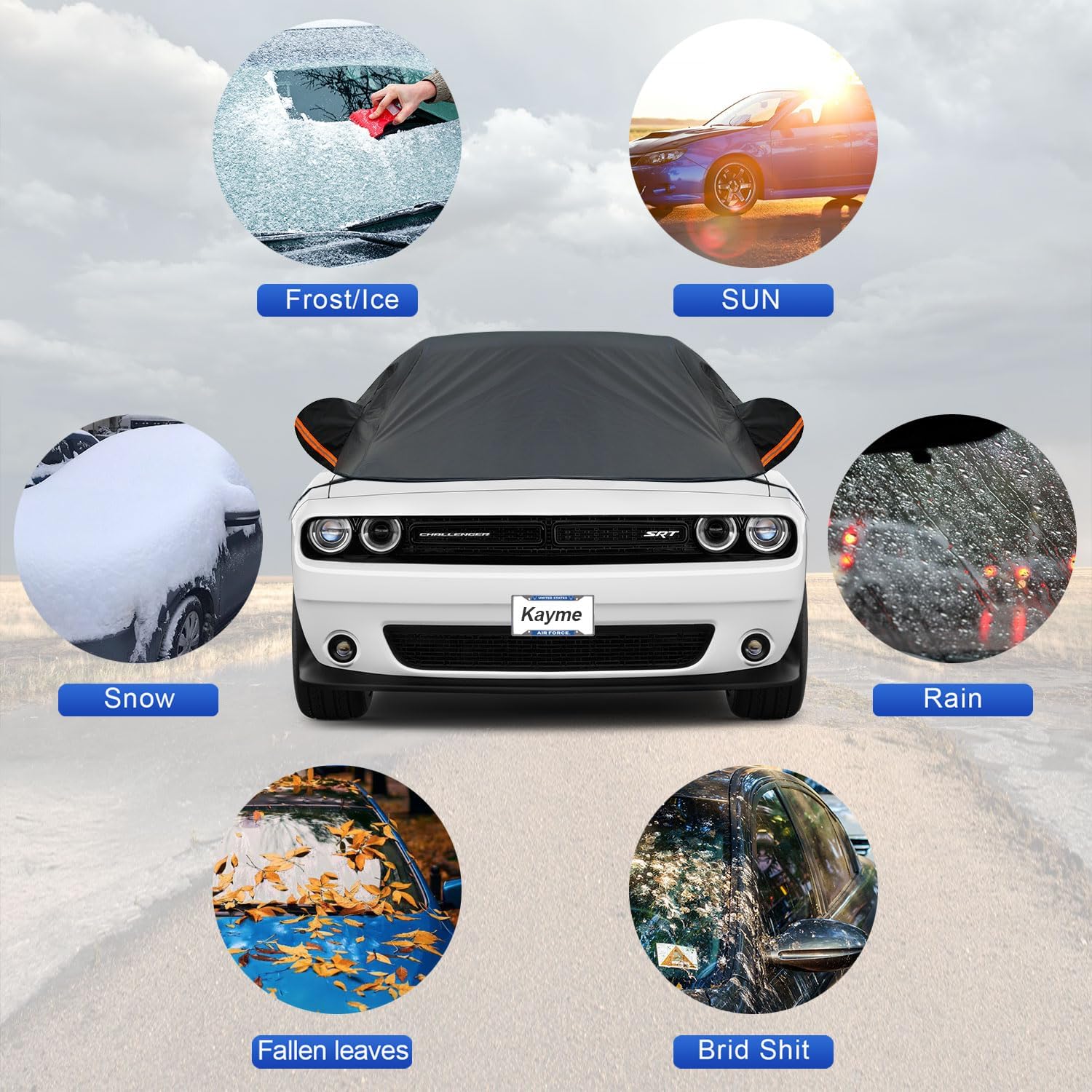 Kayme Half Car Cover, Windshield Cover for Ice and Snow Top with Reflective Straps, Roof Cover Waterproof All Weather Dust, Sun Protection. Front Rear Window Cover Fit SUV. YL (143''-157'')