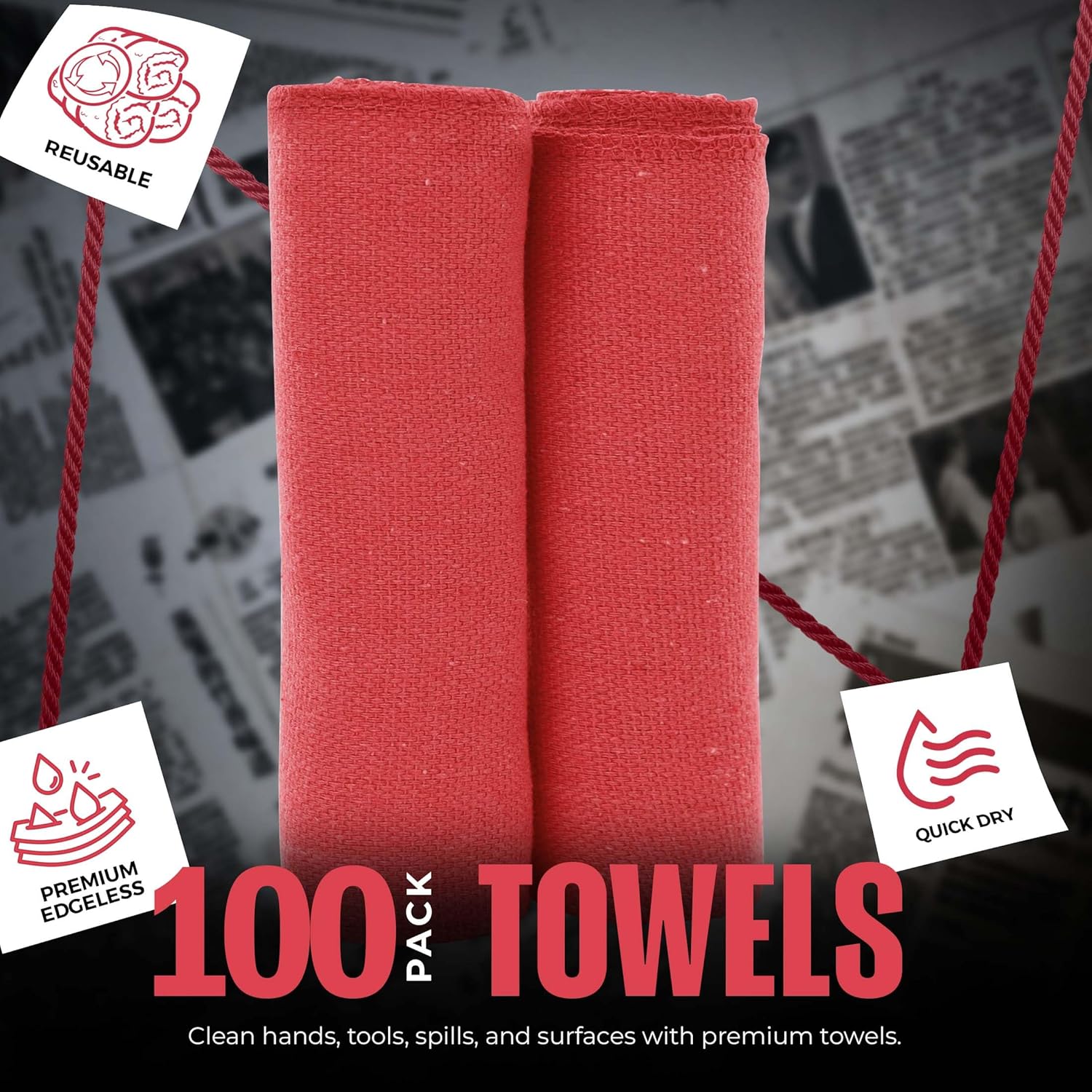 Utopia Towels Cotton Shop Towels 12x14 Inch, 100 Pack Soft, Absorbent Reusable Cotton Rags, Durable and Multipurpose Cleaning Shop Towel for Auto, Garage, Bar, & Home Cleaning (Red)