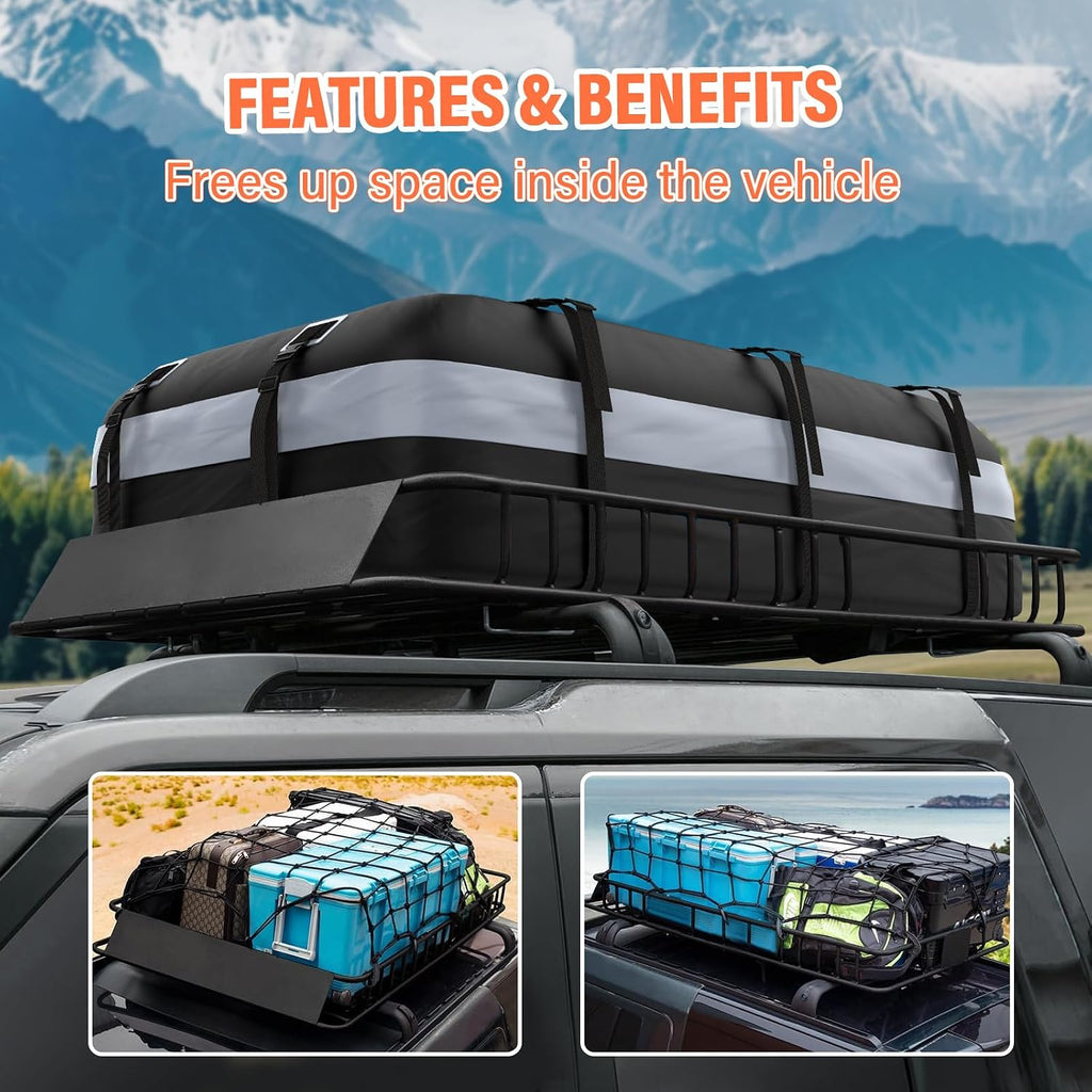 Adjustable Roof Rack Basket 45"-64" x 36" x 5" with 20 Cu.Ft Waterproof Cargo Bag - Heavy Duty Steel Cargo Carrier for SUV Truck Van, 250 lbs Capacity, Complete Accessory Kit