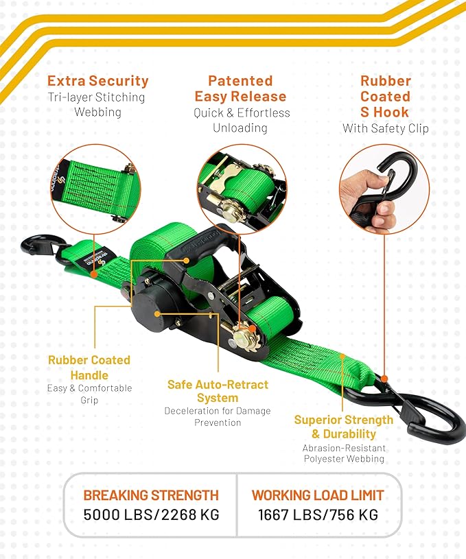 Strapinno Retractable Ratchet Tie-Down Straps, 000 lbs Breaking Strength- 2 in - Image 2