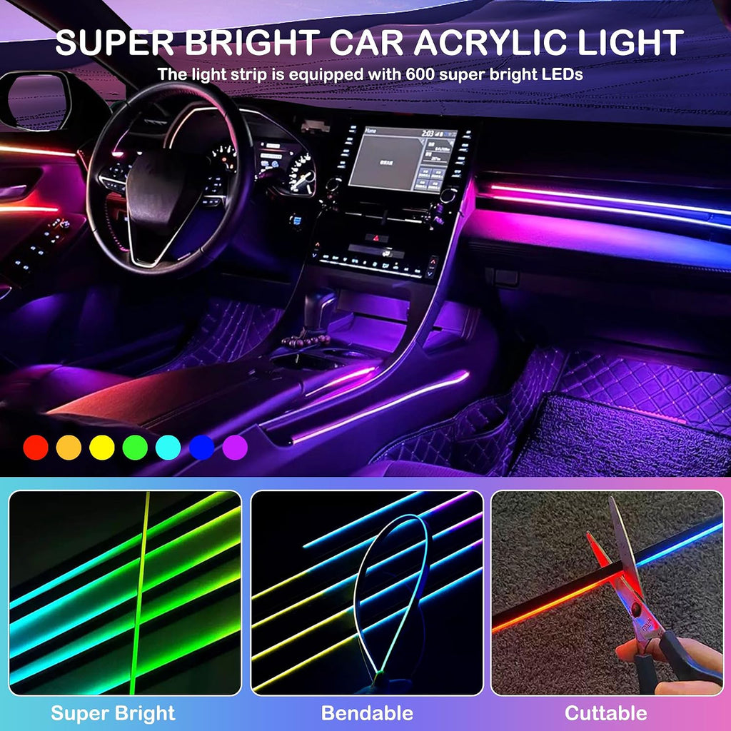 Interior Car LED Strip Lights, RGB 6 in 1 Dynamic Dreamcolor Chasing Acrylic LED Lights for Car, USB Powered Ambient Lighting Kits with Wireless APP, Sound Active Function Car Neon Lights (6 in 1)