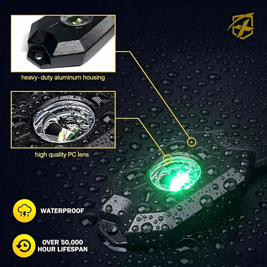 Xprite Colorful LED Rock Lights Kit with Bluetooth & Wireless Remote Controller, Multicolor Cars Underglow, Wheel, Footwell Neon Light Kits, for Off-Road UTV ATV Trucks SUV Motorcycle Boats - 10 Pods