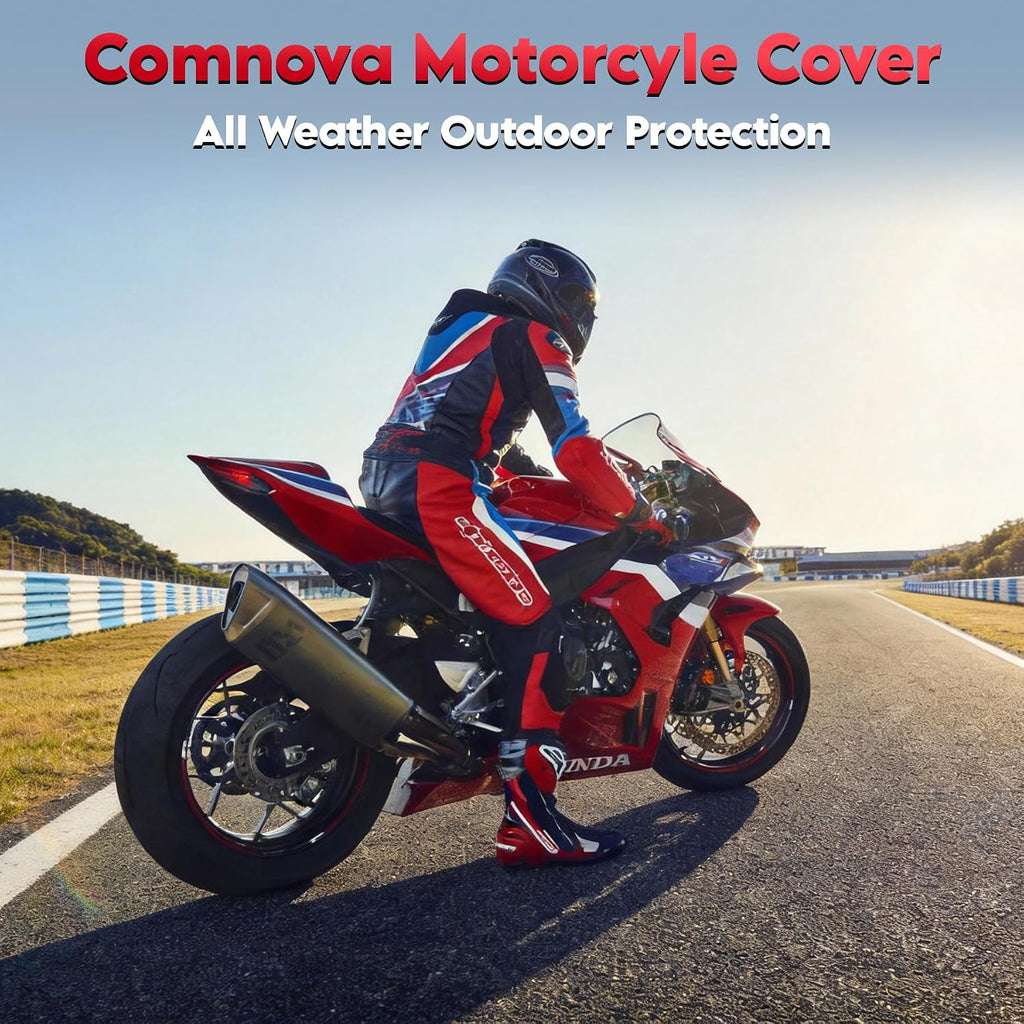 Comnova Motorcycle Cover 96 Inch - 600D Outdoor Motorbike Cover Waterproof with Lock Hole, Universal Fit for Harley, Honda, Kawasaki, Full Protection, Moped Covers for Motorcycle Vehicle Up to 96"