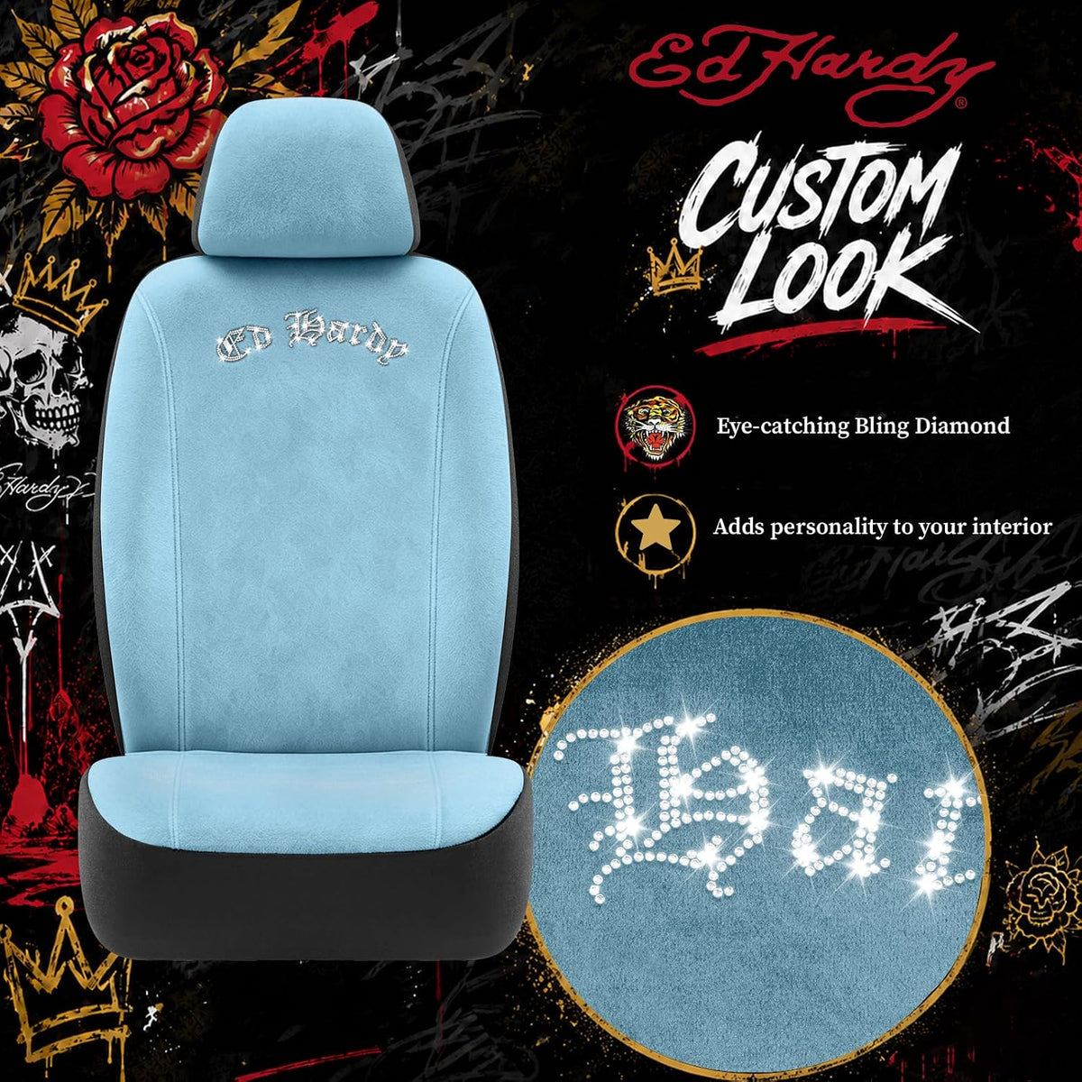 ed hardy car seat covers, light blue short, close-up detail