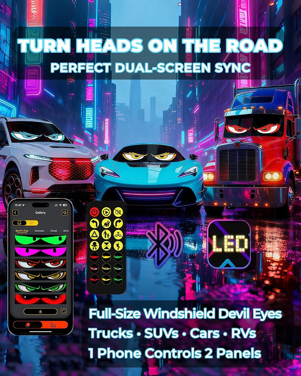 2PCS 23"x5" Devil Eyes Light for Windshield – Dual Screen Sync, LED Eyes for Cars/Trucks/SUVs/RV, App Controlled Animated Windshield LED with Custom Text & Graphics