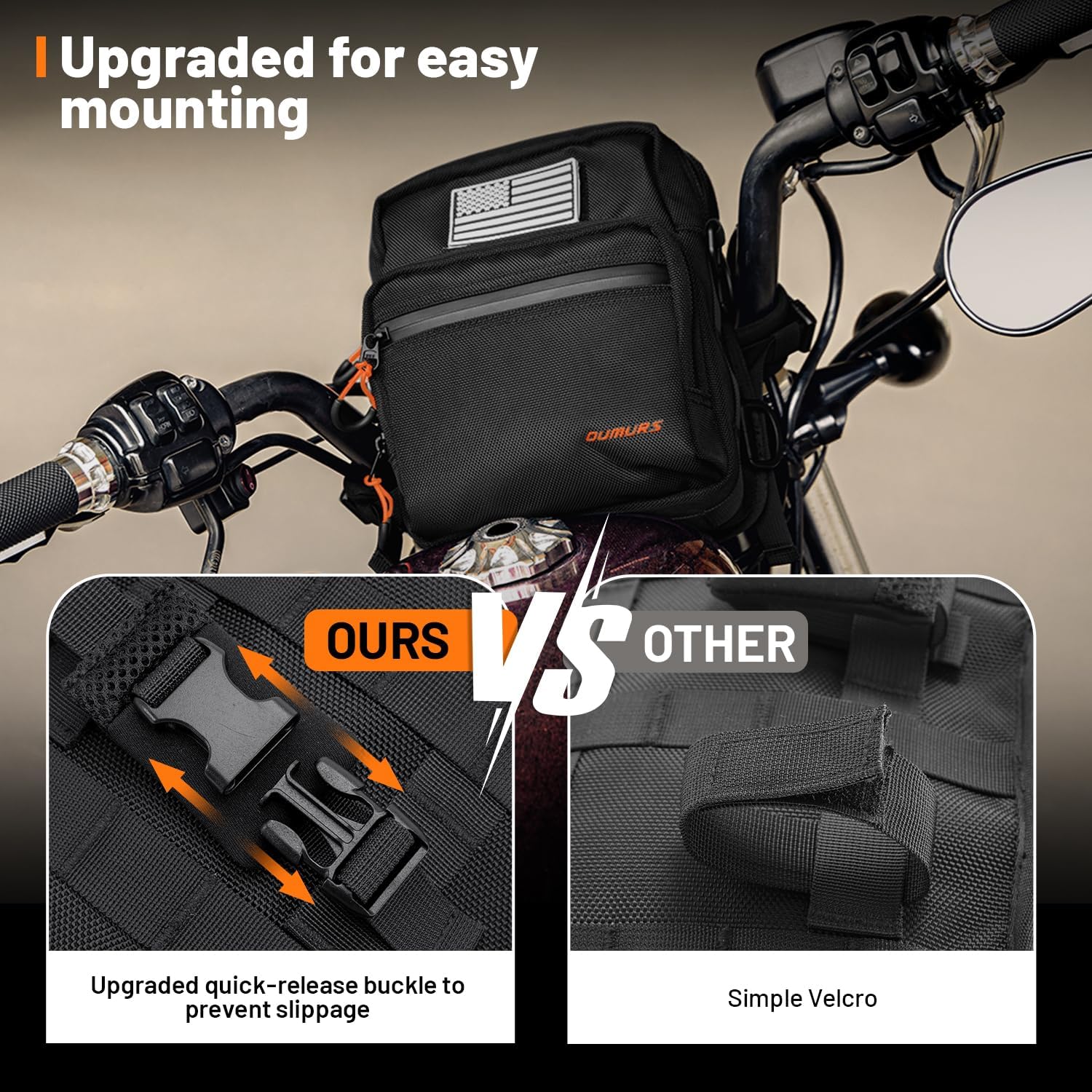 Oumurs Motorcycle Handlebar Bags,1680D Water-resistant Universal Bar bag American Flag Sissy Bar Bag Front Fork Storage Accessory Bag, For Softail Dyna Sportsters Dirt Bike Scooter E-bike Bicycle Blue