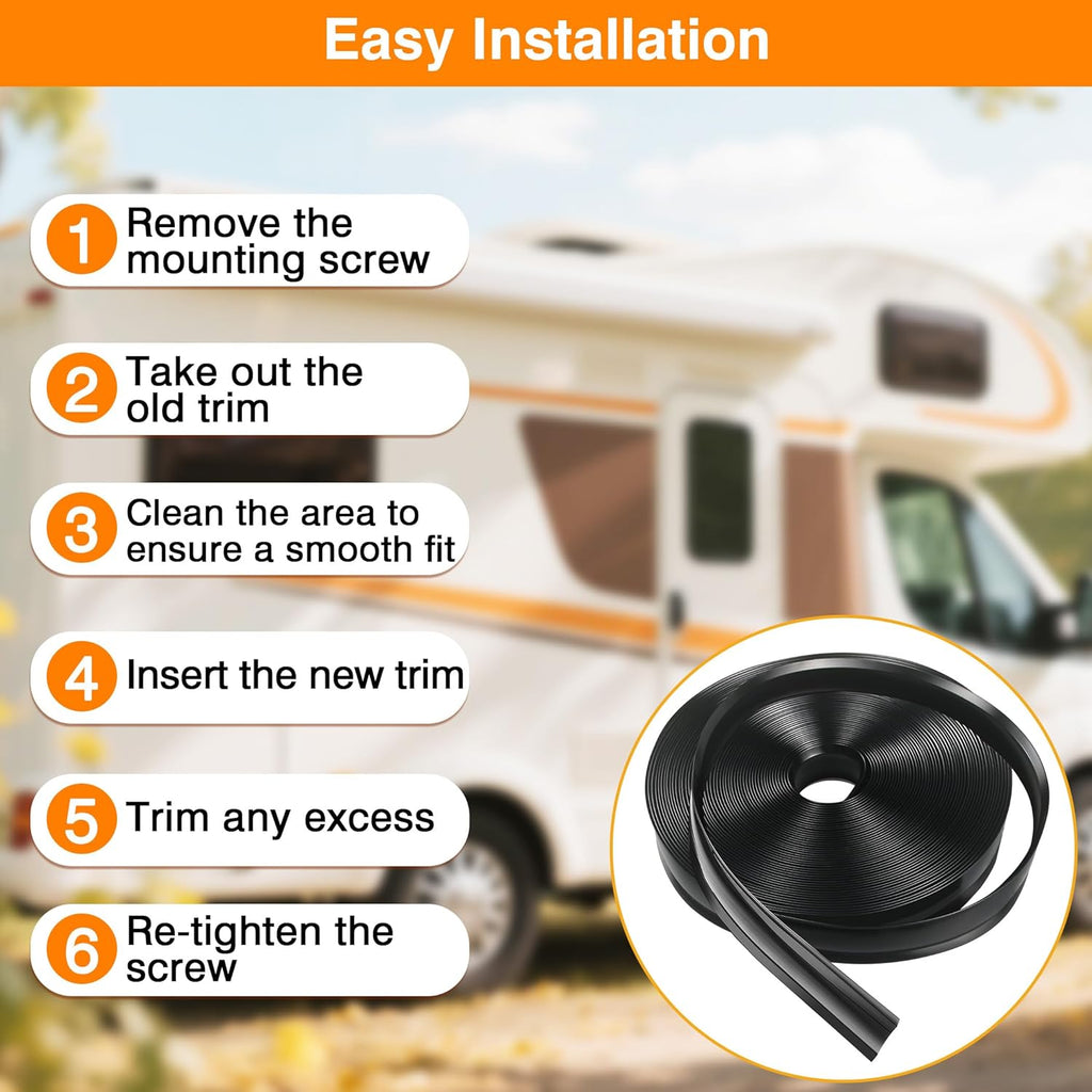 1 Inch RV Trim Molding Insert | 50FT UV-Resistant RV Weather Stripping Exterior | Heavy Duty Black Vinyl Rubber Molding Screw Cover Trim for Camper & Trailer Roof Edge Gutter