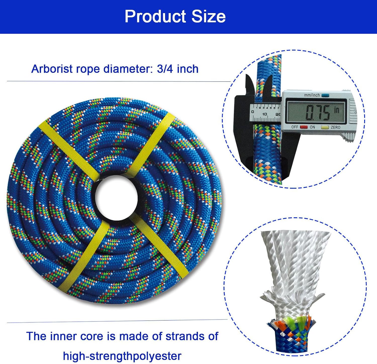 Double Braided Arborist Rigging Rope, 3/4" x 50 ft Strength Bull Rope, 48-Strand Polyester Static Rope for Tree Work, Pulling, Towing, Swing(Blue)
