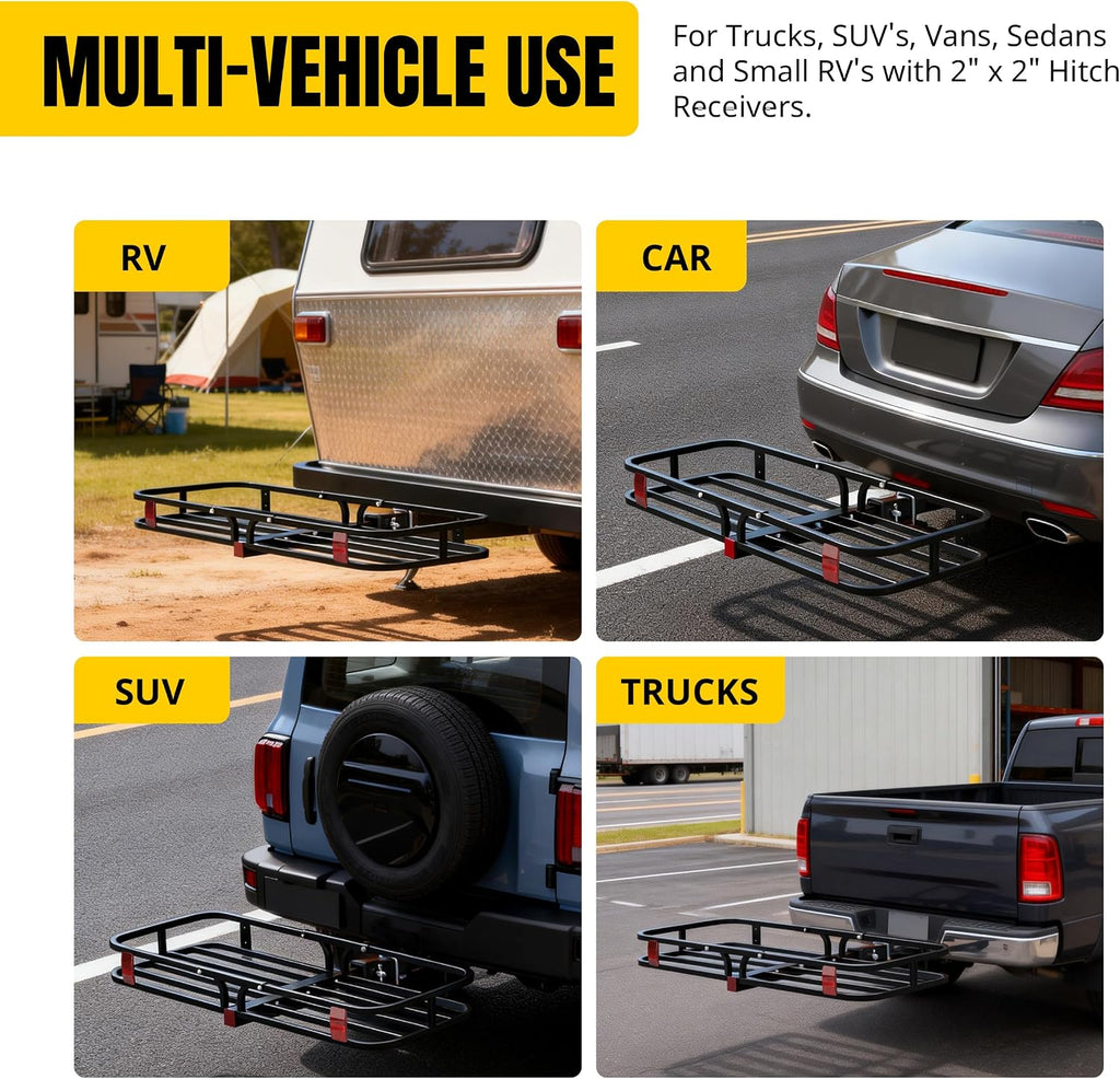 MaxxHaul 70107 53" x 19-1/2" Hitch Cargo Carrier - Trailer Mount Steel With High Side Rails For RV's, Trucks, SUV's, Vans, Cars 2" Receiver 500-lb Load Capacity , Black