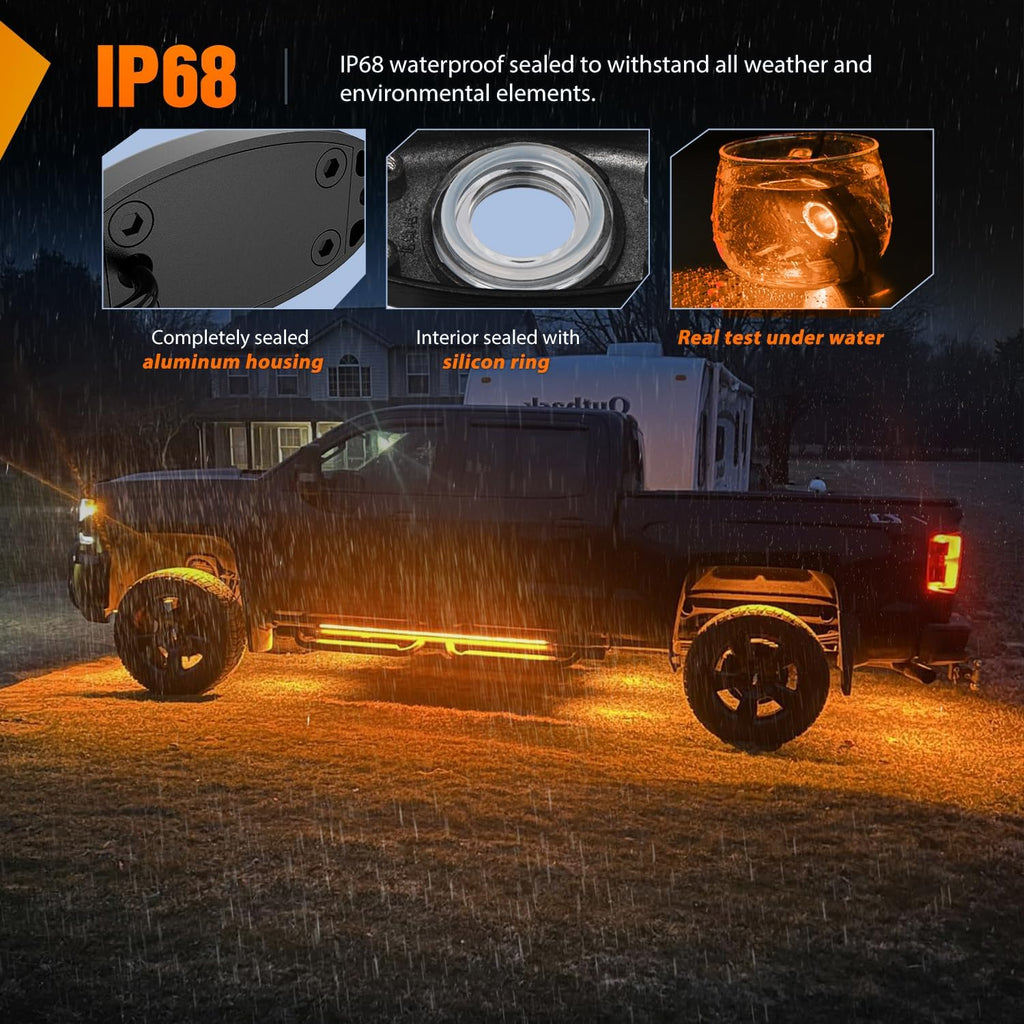 Nilight LED Rock Light 4PCS Amber Underglow Wheel Well Fender Pods Waterproof Exterior Underbody Roof Rack Side Lamps for 12V 24V Car Truck Pickups ATV UTV SUV Motorcycle Boat