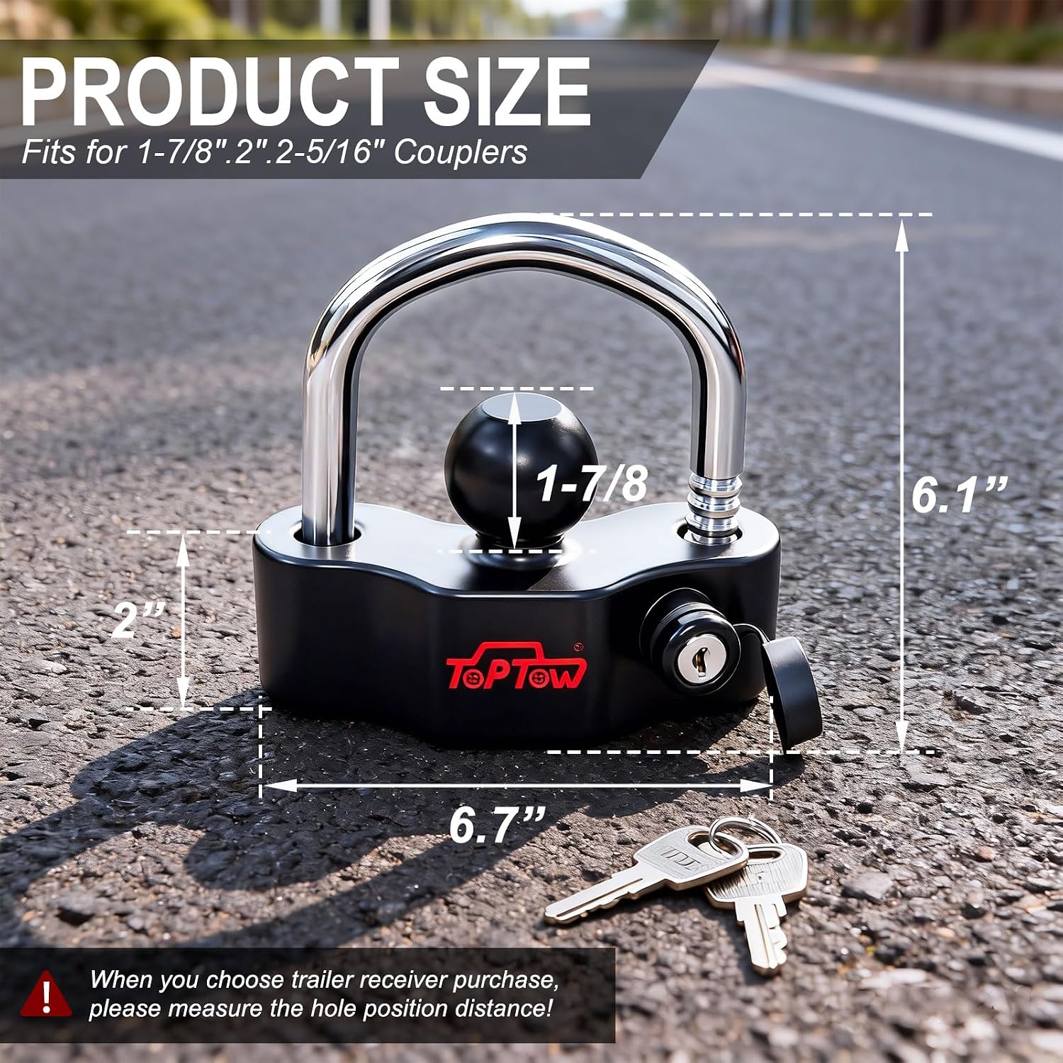 TOPTOW Trailer Hitch Lock Universal Coupler Lock, Fit for 1 7/8-inch, 2-inch and 2 5/16-inch Ball Hitch Trailer Coupler, Heavy Duty, Black, 2 Flat Keys Included