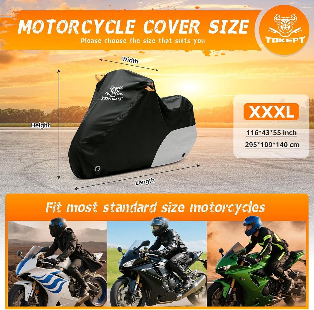 Motorcycle Cover Waterproof All Season Outdoor Protection, Fits up to 116 Inch, Compatible with Cruisers & Touring Models, with Locking Holes & Reflective Strips (Black&Silver)