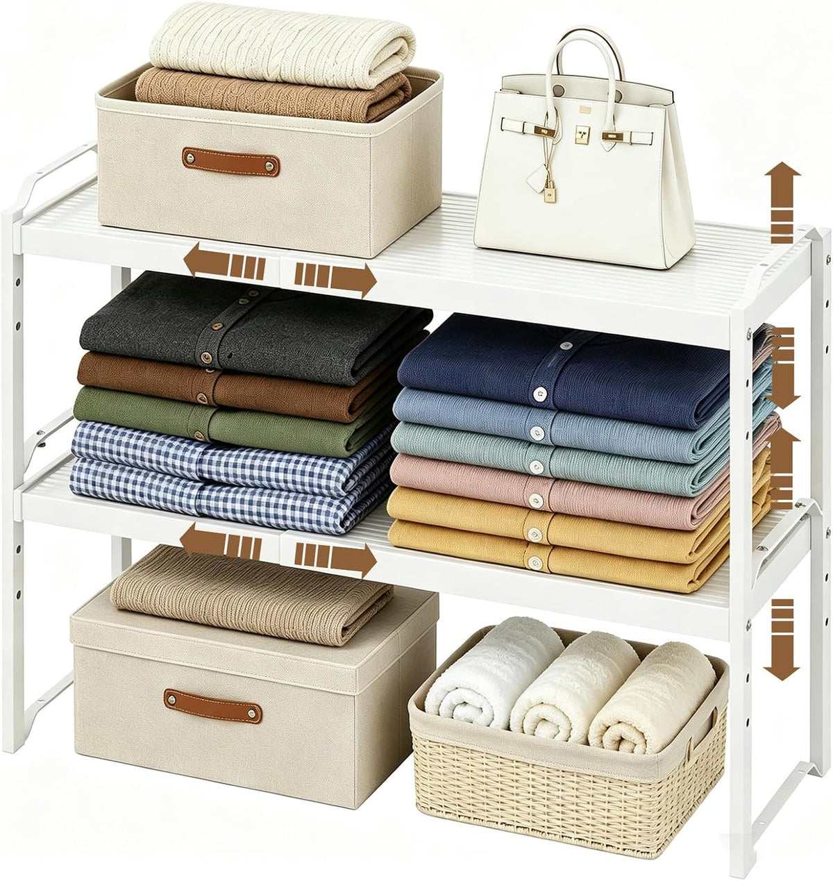 cottage charm expandable stackable closet shelf organizer, adjustable, main product view