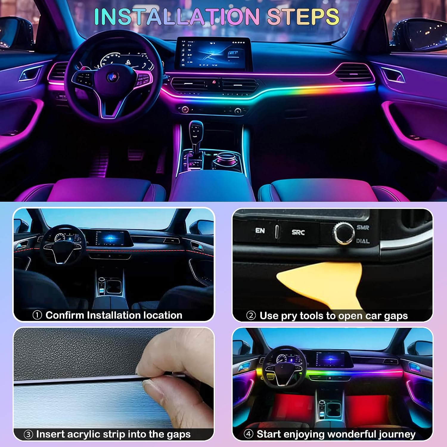 Interior Car LED Strip Lights, RGB 6 in 1 Dynamic Dreamcolor Chasing Acrylic LED Lights for Car, USB Powered Ambient Lighting Kits with Wireless APP, Sound Active Function Car Neon Lights (6 in 1)
